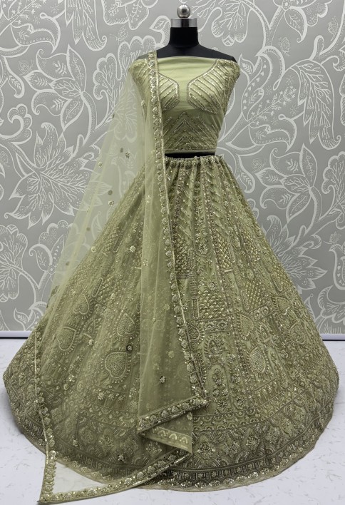 Sober Handwork Pastel green Motif and Crystal Pipe work Designed Reception Wear Collection in Lehenga Choli